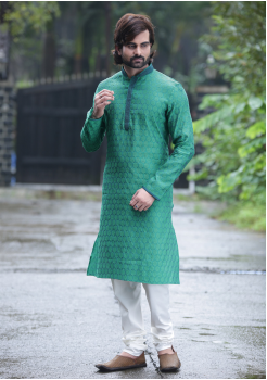 Green Color Self Jacquard And Art Silk Fabric Kurta Set